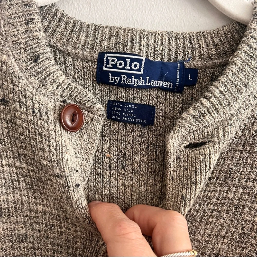 Polo Ralph Lauren Men's Large Beige Crewneck Sweater with Button Detail vintage